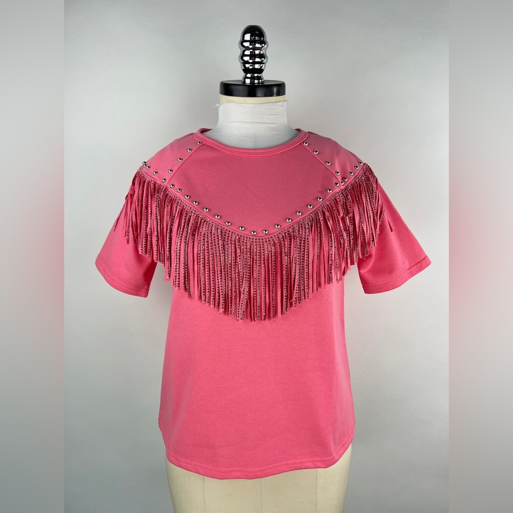 💚 2968. Western Pink Fringe Embellished Top